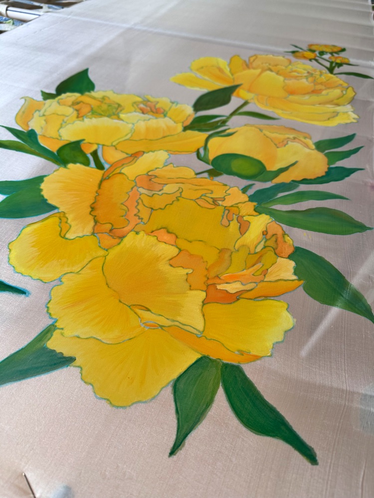 Buttercup Peonies Hand-Painted 100% Pure Tabby Silk Shawl