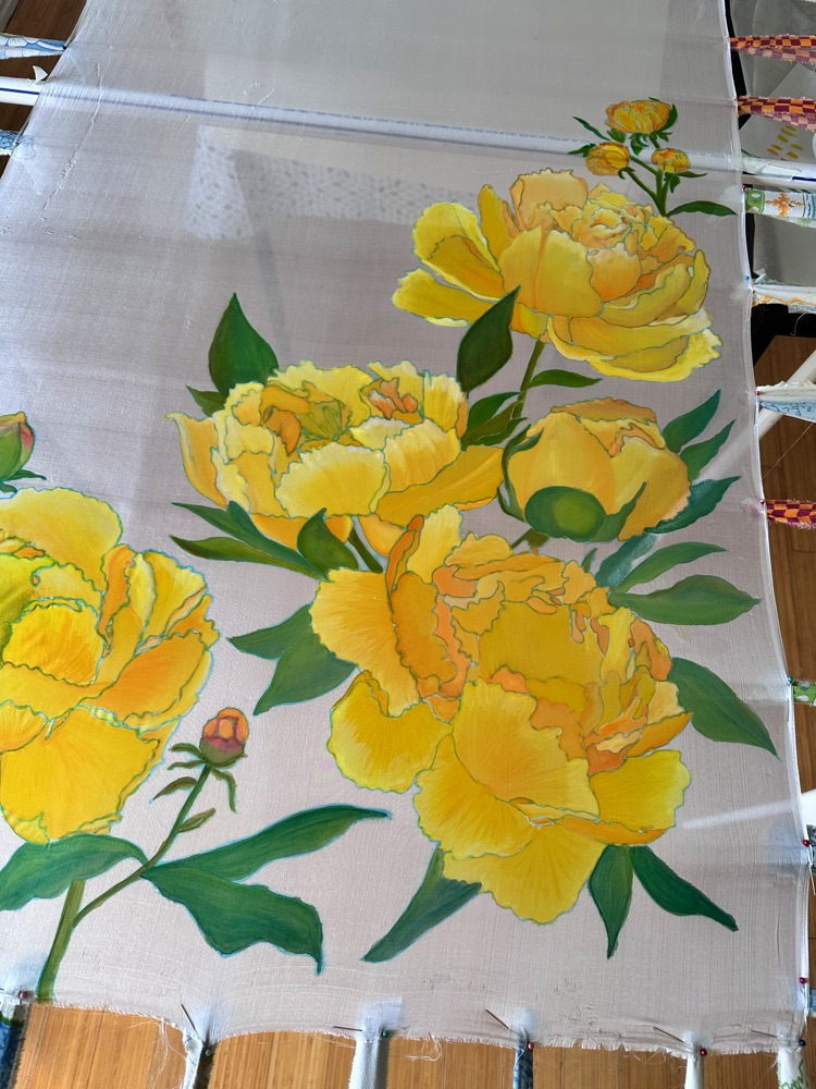 Buttercup Peonies Hand-Painted 100% Pure Tabby Silk Shawl